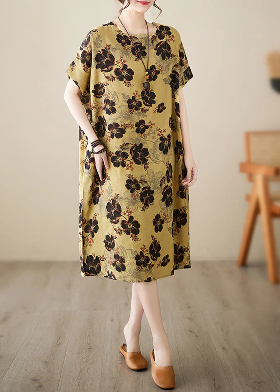 French Yellow Print Patchwork Holiday Long Dress Short Sleeve - Image 2