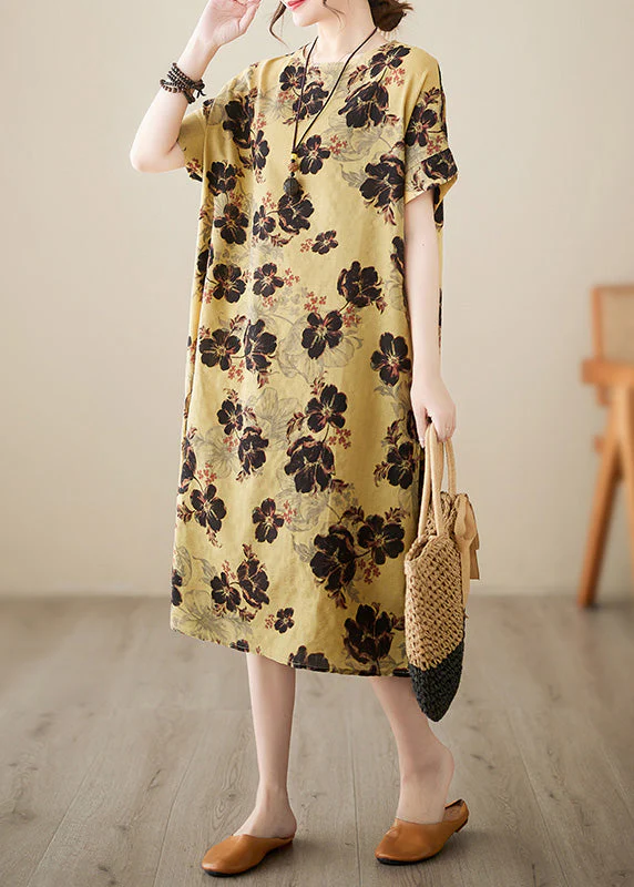 French Yellow Print Patchwork Holiday Long Dress Short Sleeve - Image 3