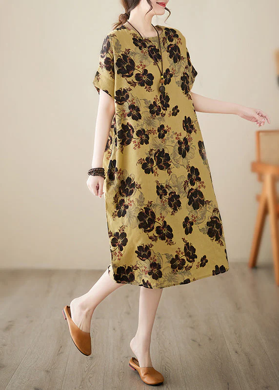 French Yellow Print Patchwork Holiday Long Dress Short Sleeve - Image 4