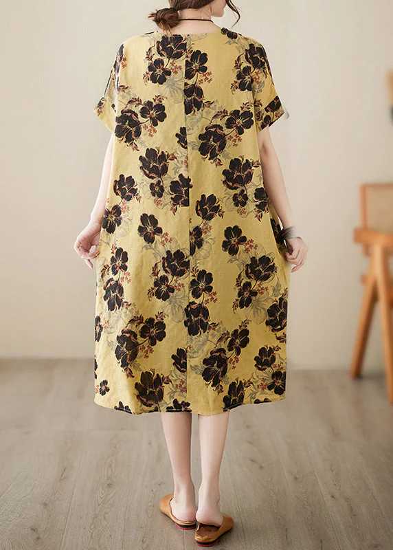 French Yellow Print Patchwork Holiday Long Dress Short Sleeve - Image 5