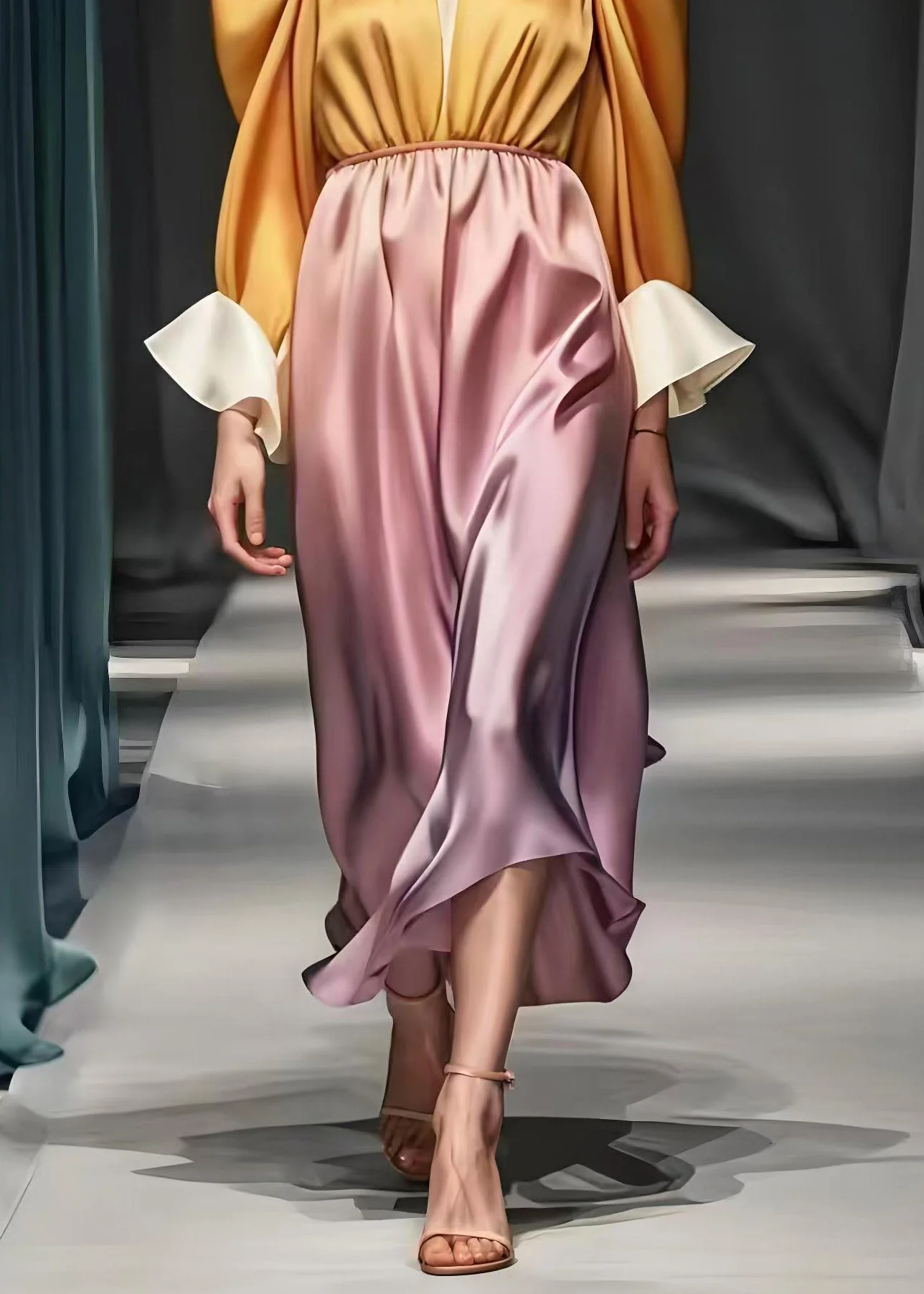 French Yellow Puff Sleeve Patchwork Silk Vestidos Dress Spring - Image 5