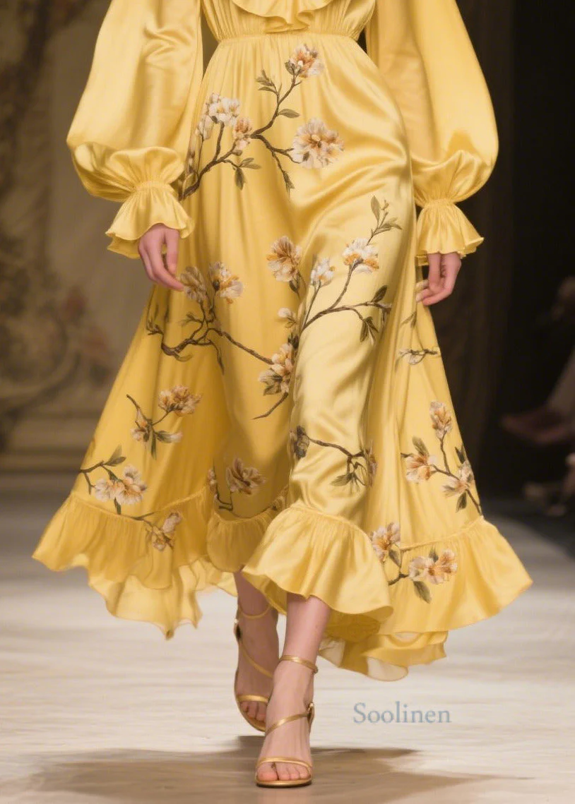 French Yellow Ruffled Print Silk Party Dress Fall - Image 4