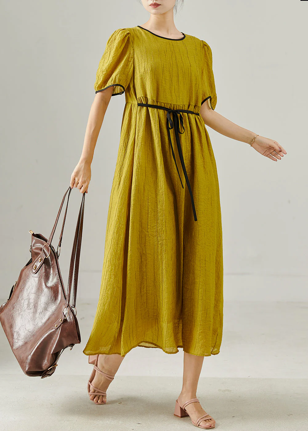 French Yellow Tie Waist Cotton Vacation Dresses Summer - Image 2
