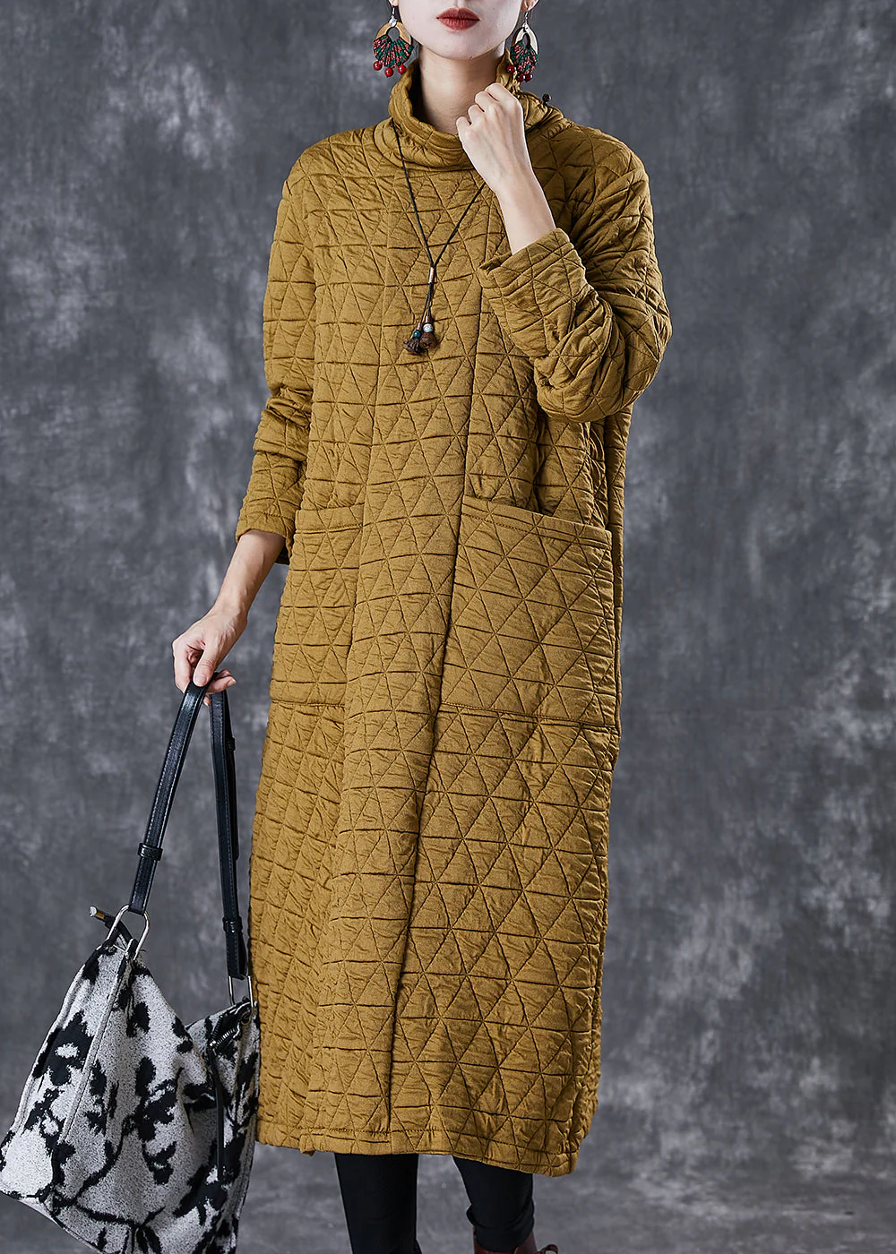 French Yellow Turtle Neck Fine Cotton Filled A Line Dress Winter - Image 2