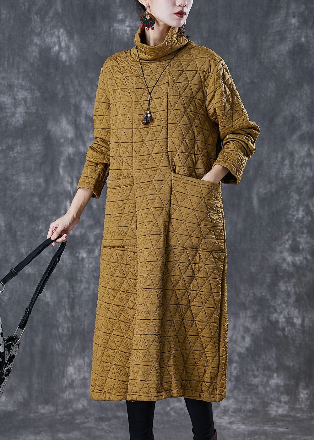 French Yellow Turtle Neck Fine Cotton Filled A Line Dress Winter - Image 3