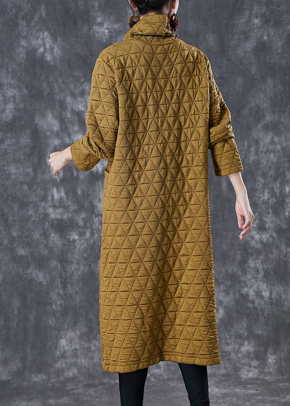 French Yellow Turtle Neck Fine Cotton Filled A Line Dress Winter - Image 4