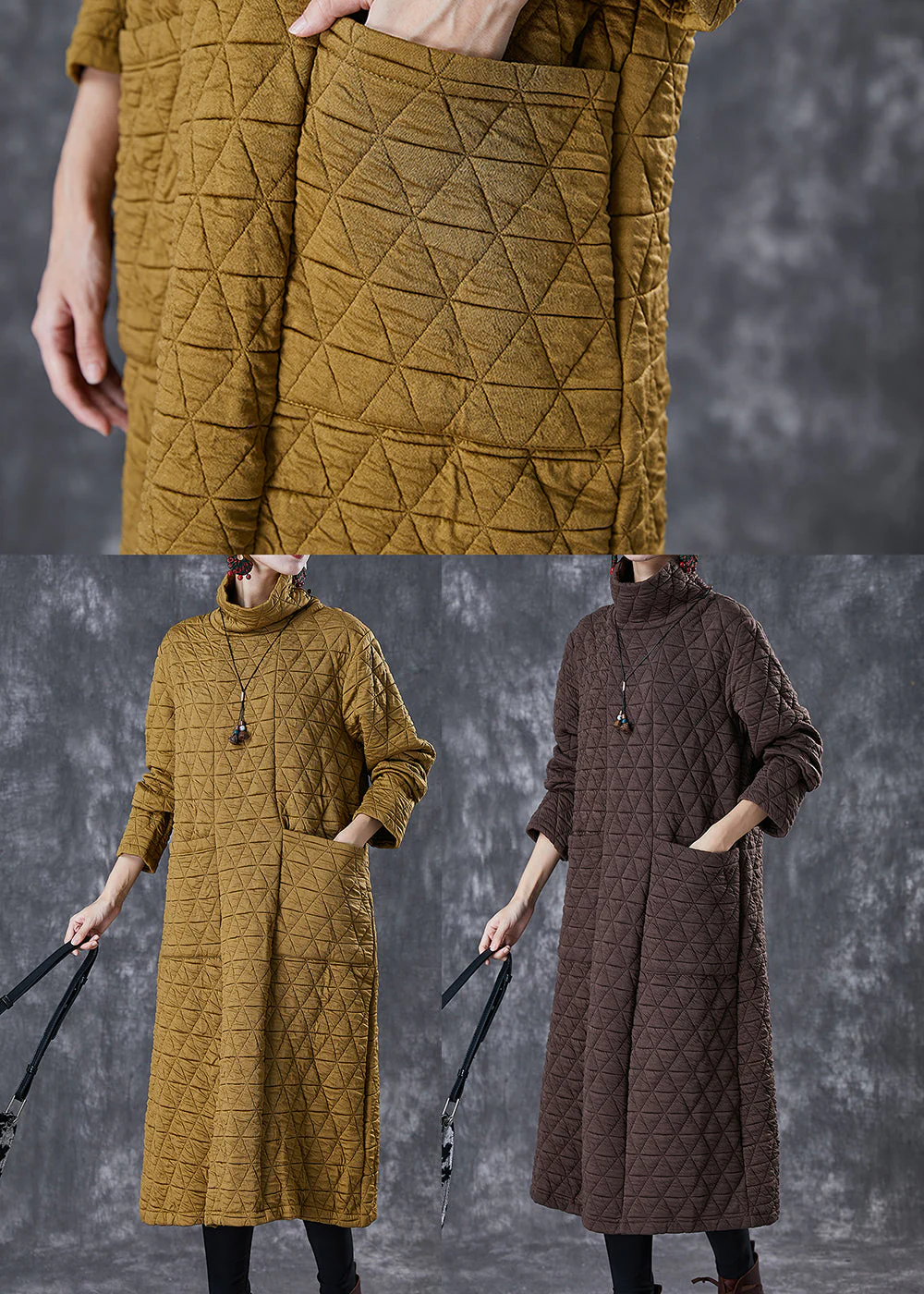 French Yellow Turtle Neck Fine Cotton Filled A Line Dress Winter - Image 5