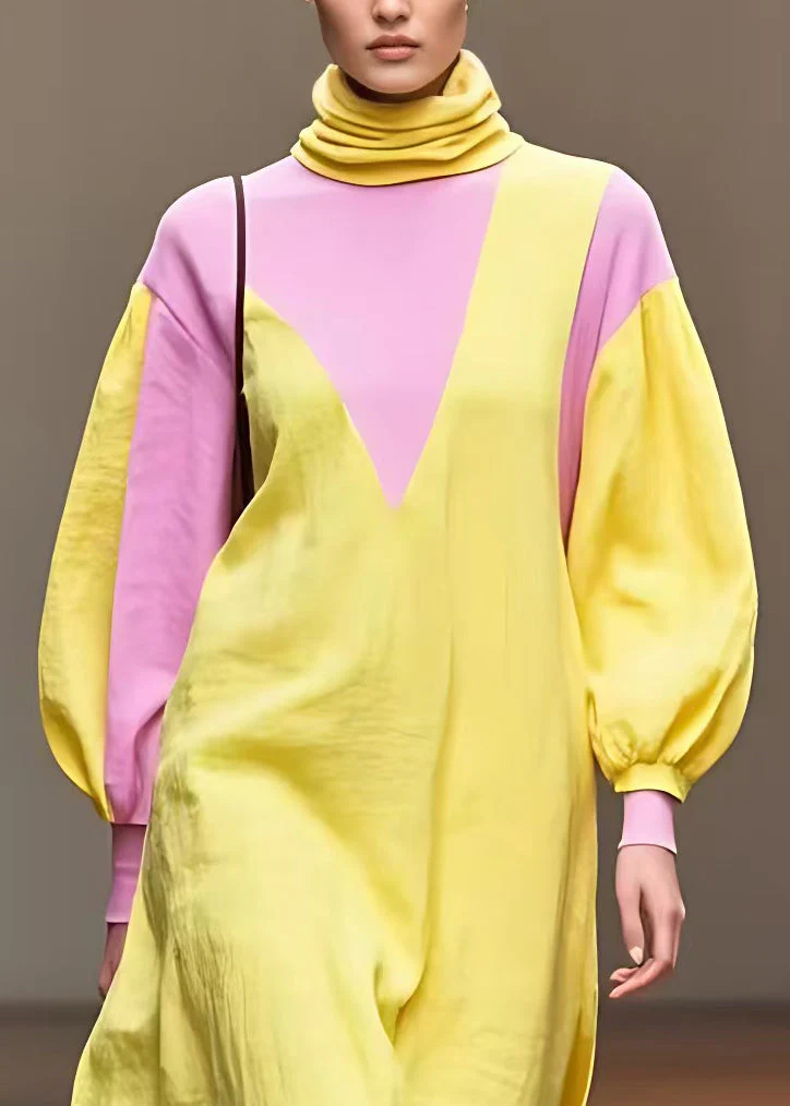 French Yellow Turtleneck Patchwork Cotton Dresses Fall - Image 3