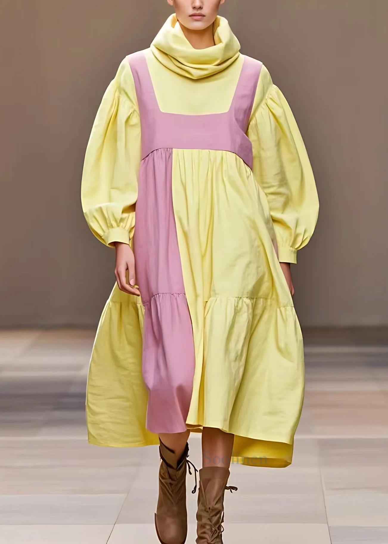 French Yellow Turtleneck Patchwork Cotton Dresses Long Sleeve - Image 2