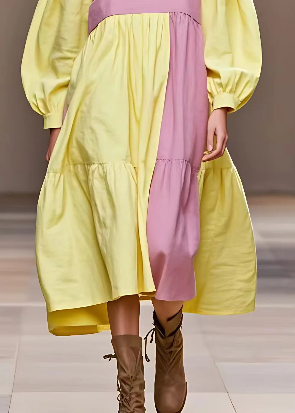 French Yellow Turtleneck Patchwork Cotton Dresses Long Sleeve - Image 5