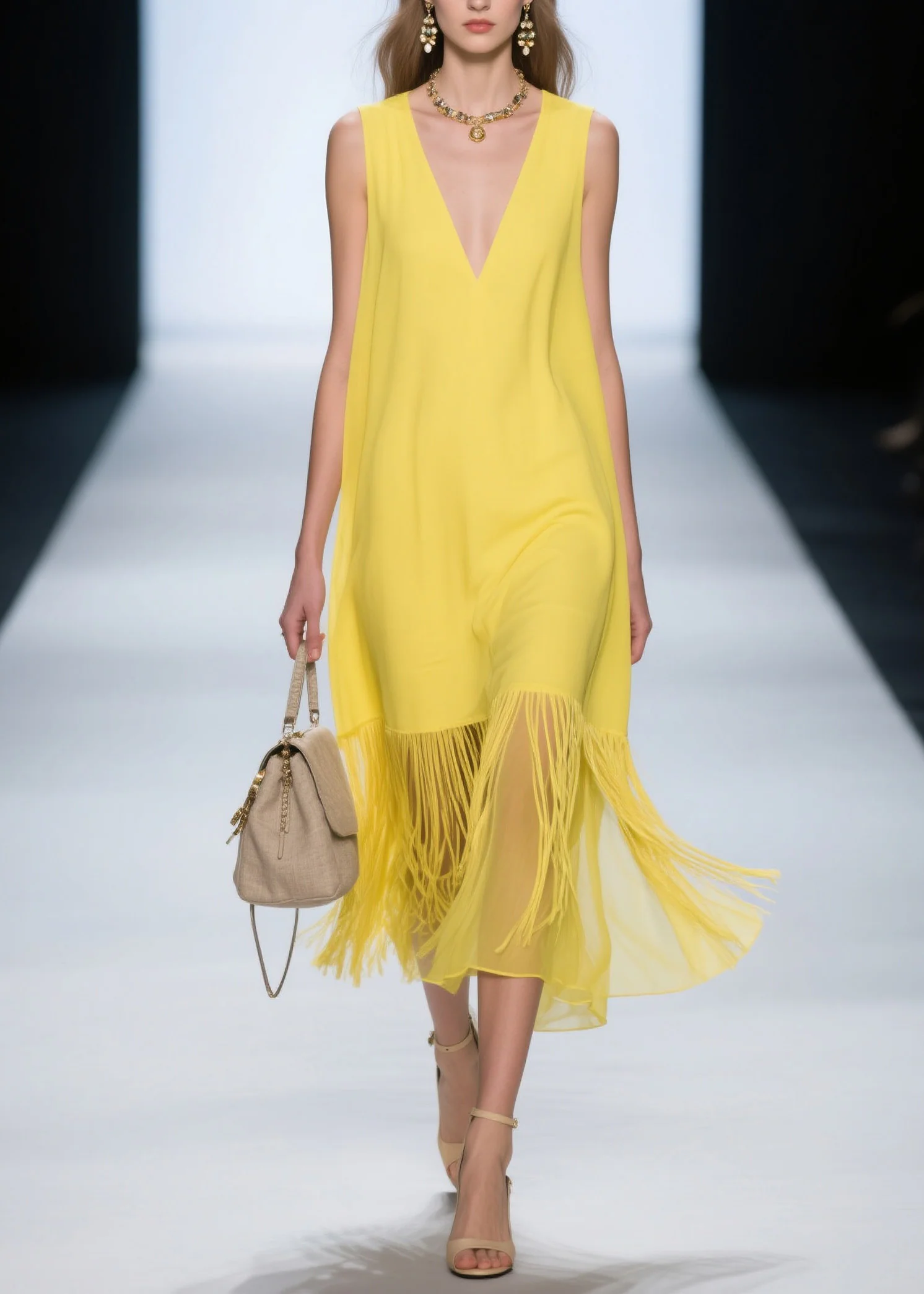 French Yellow V Neck Patchwork Cotton Dress Sleeveless - Image 5