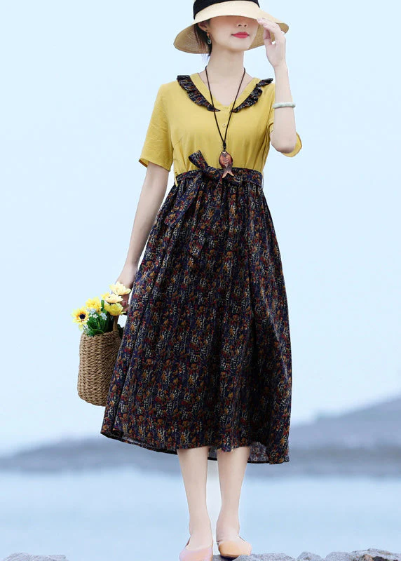 French Yellow V Neck Patchwork Tie Waist Linen Long Dress Short Sleeve - Image 2