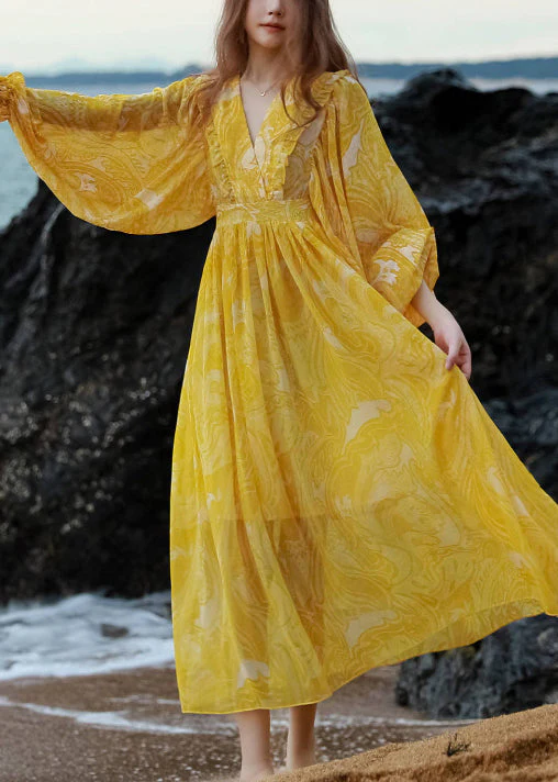French Yellow V Neck Print Tie Waist Chiffon Maxi Dresses Lantern Sleeve - Image 2