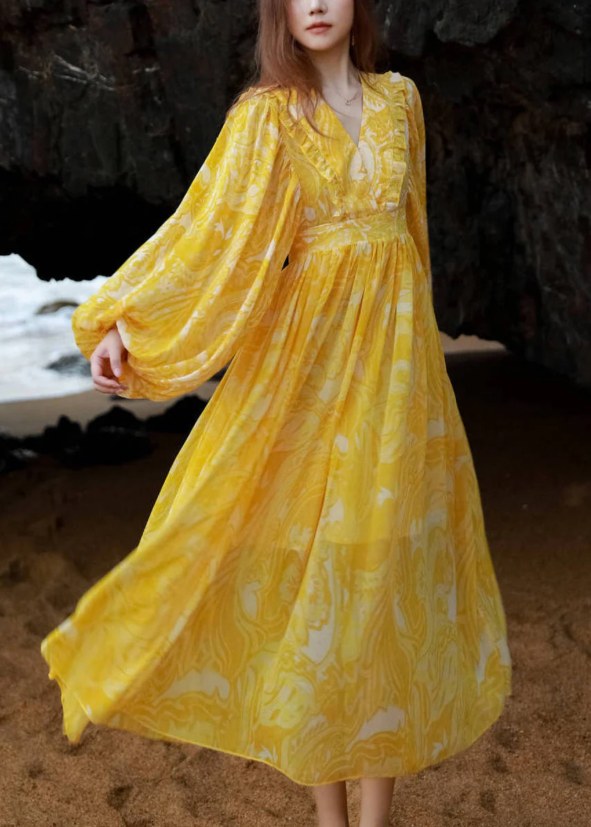 French Yellow V Neck Print Tie Waist Chiffon Maxi Dresses Lantern Sleeve - Image 3