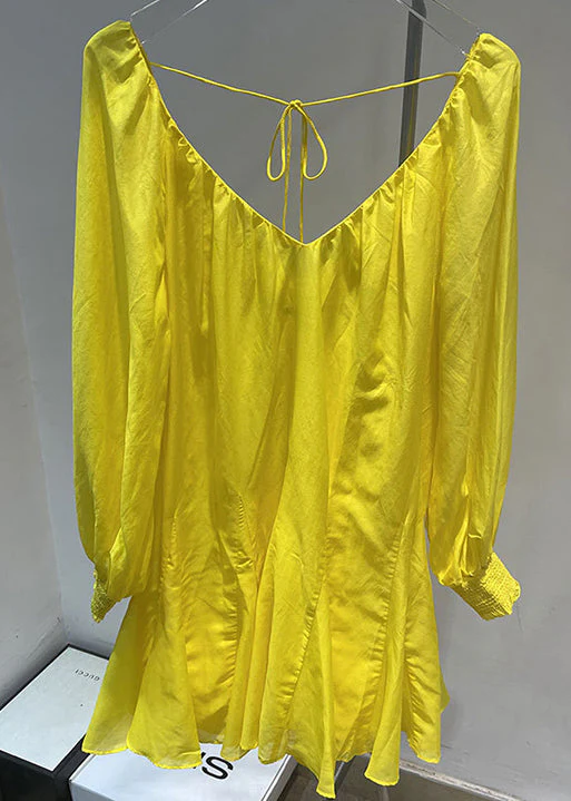 French Yellow V Neck Sexy Cotton Mid Dress Spring - Image 2