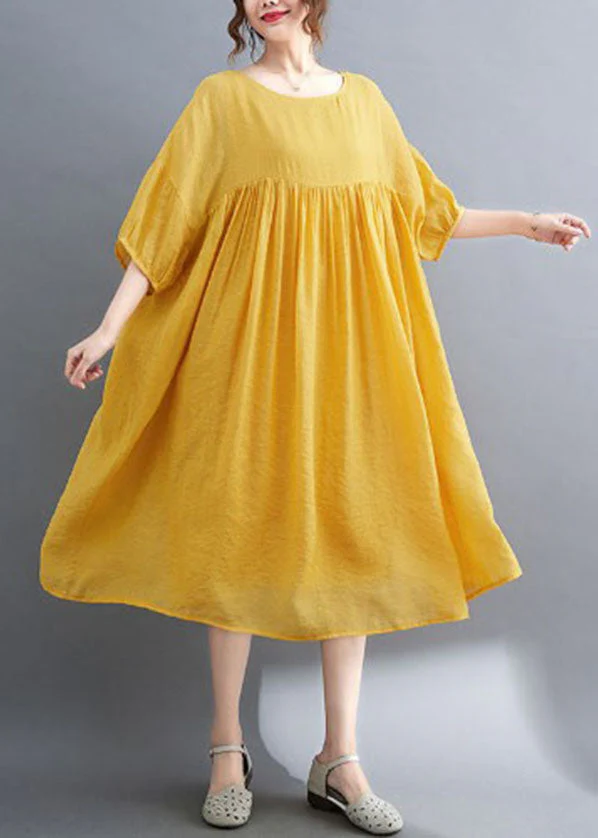 French Yellow Wrinkled Exra Large Hem Cotton Vacation Dress Short Sleeve - Image 2
