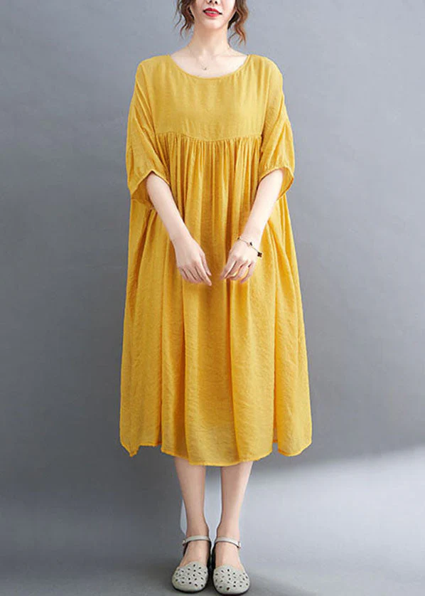 French Yellow Wrinkled Exra Large Hem Cotton Vacation Dress Short Sleeve - Image 3