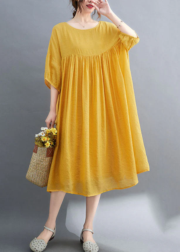French Yellow Wrinkled Exra Large Hem Cotton Vacation Dress Short Sleeve - Image 5