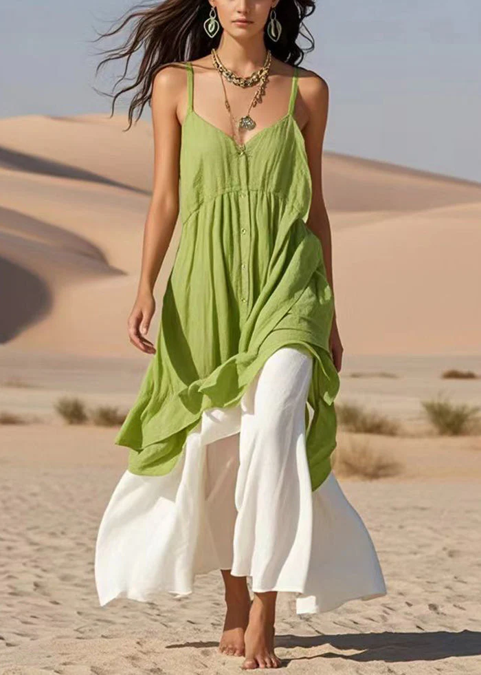 Fruit Green Patchwork Cotton Summer Dress Fake Two Piece - Image 5