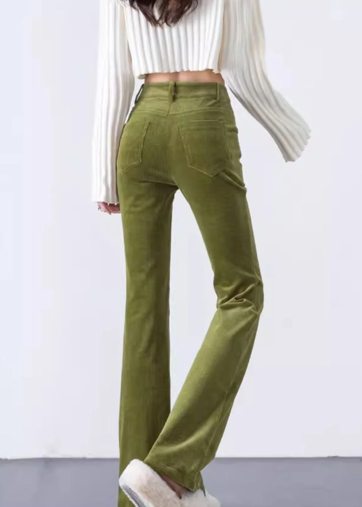 Fruit Green Silm Fit Corduroy Bell-bottom Trousers Spring - Image 4