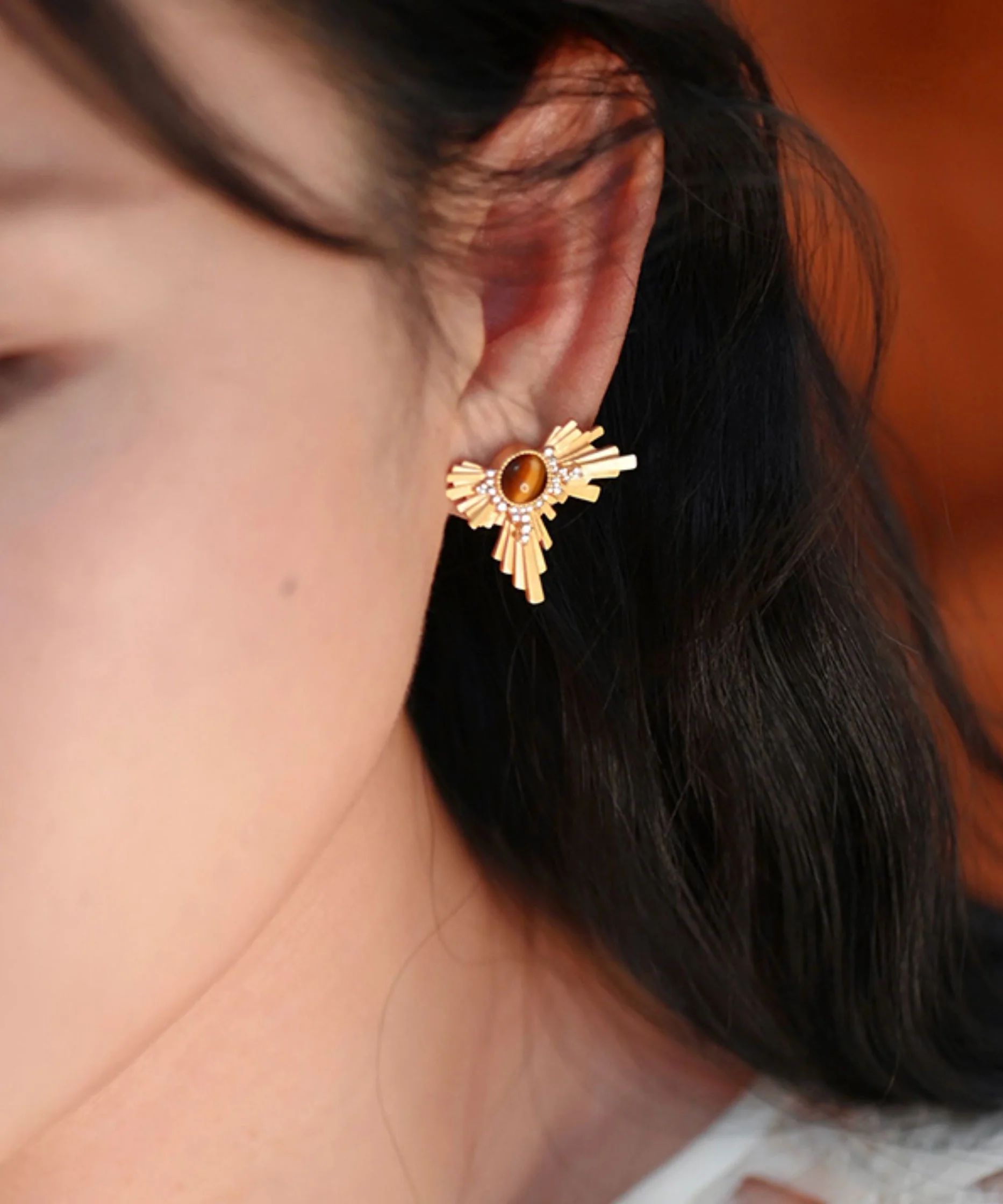 Gilded Amber Cat's Eye Original Design 14K Gold Stud Earrings - Image 2
