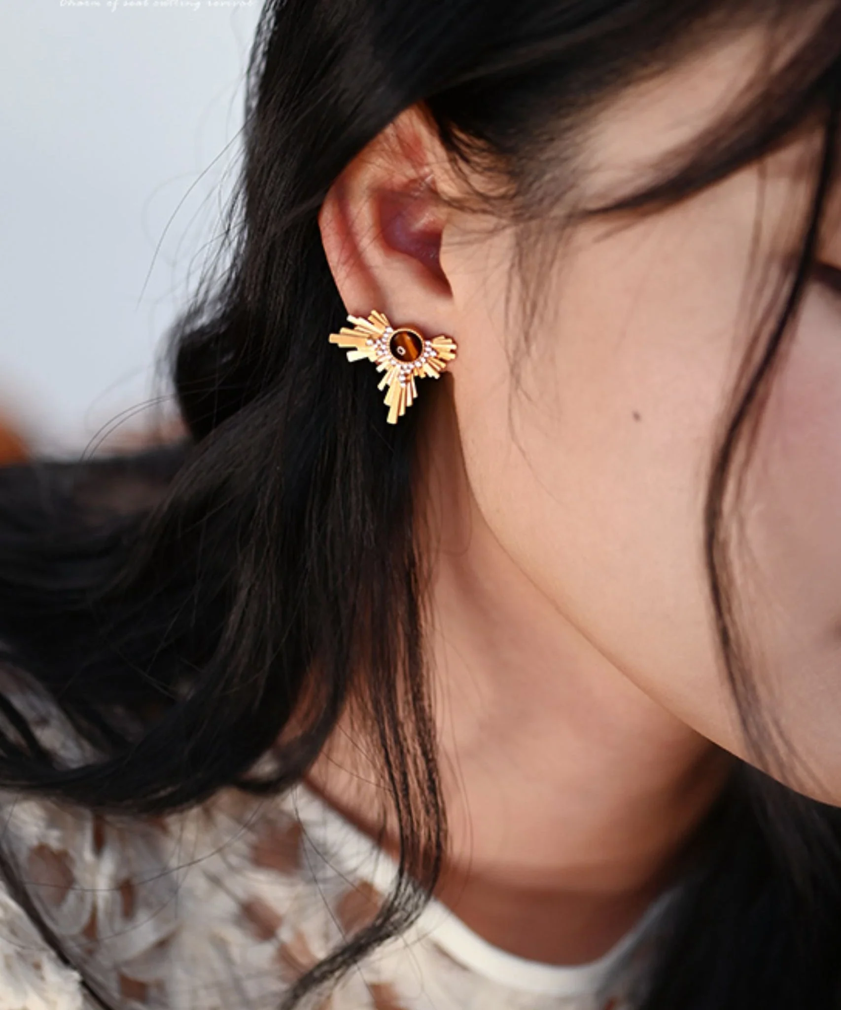 Gilded Amber Cat's Eye Original Design 14K Gold Stud Earrings - Image 3