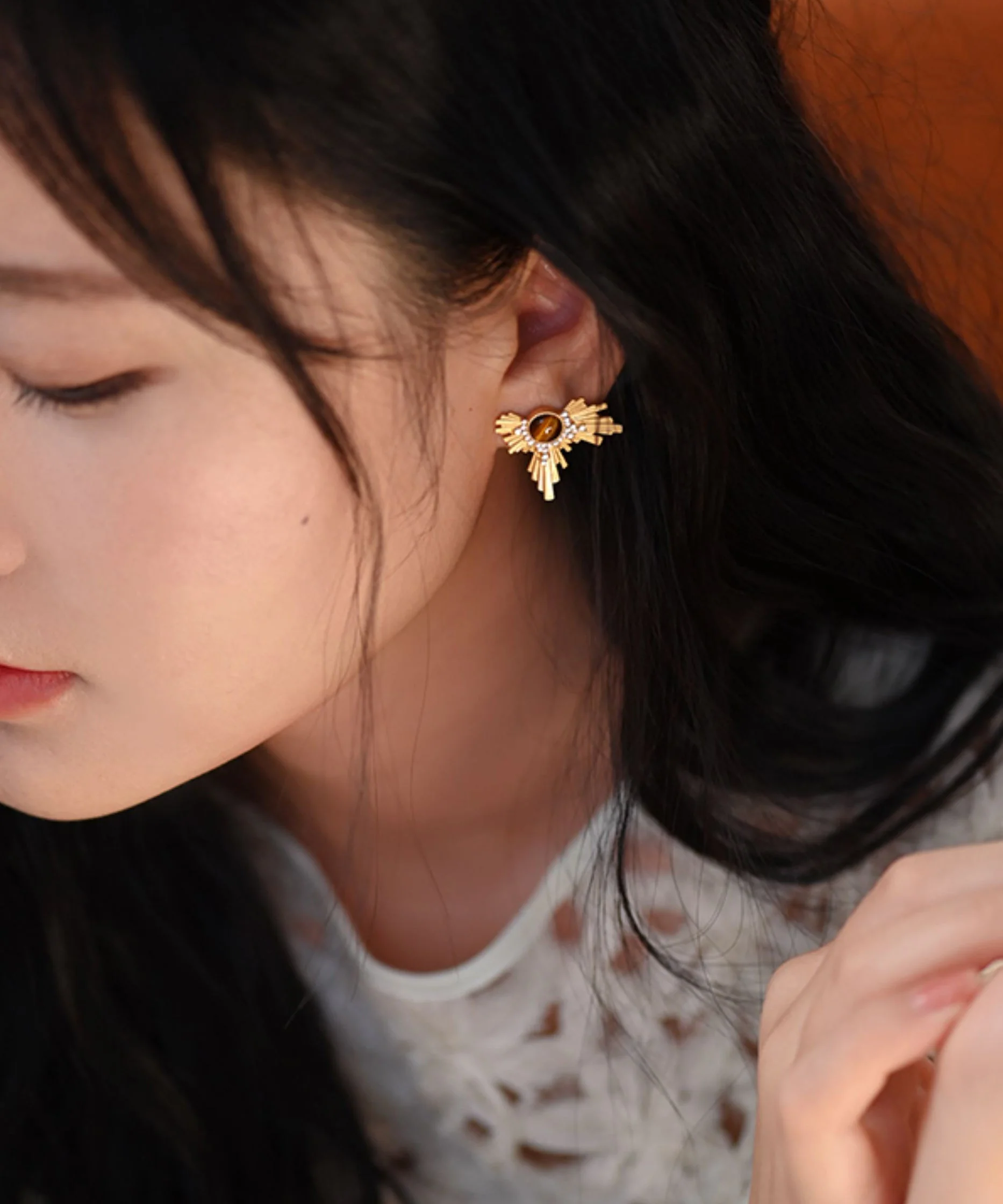 Gilded Amber Cat's Eye Original Design 14K Gold Stud Earrings - Image 4