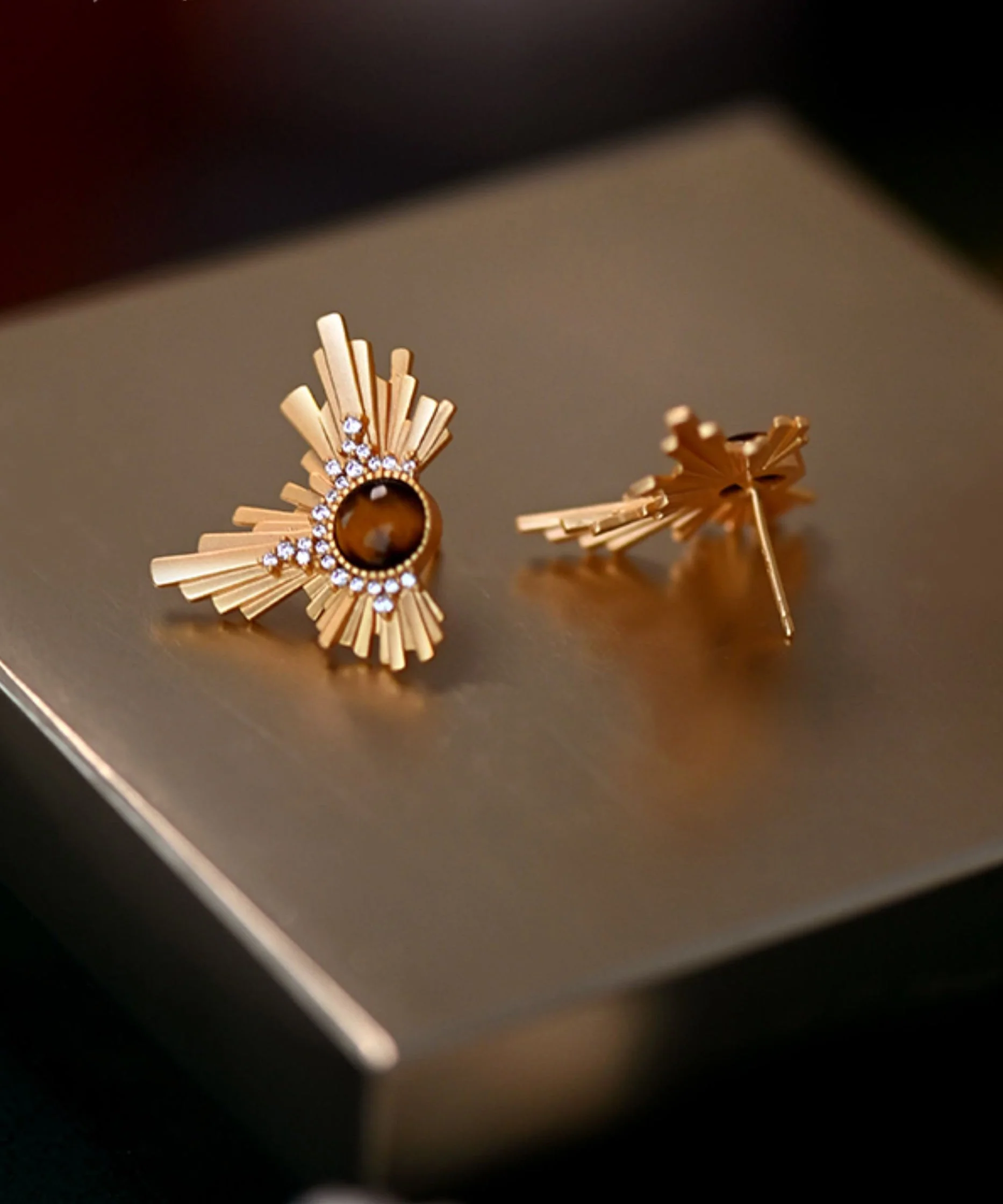 Gilded Amber Cat's Eye Original Design 14K Gold Stud Earrings - Image 5