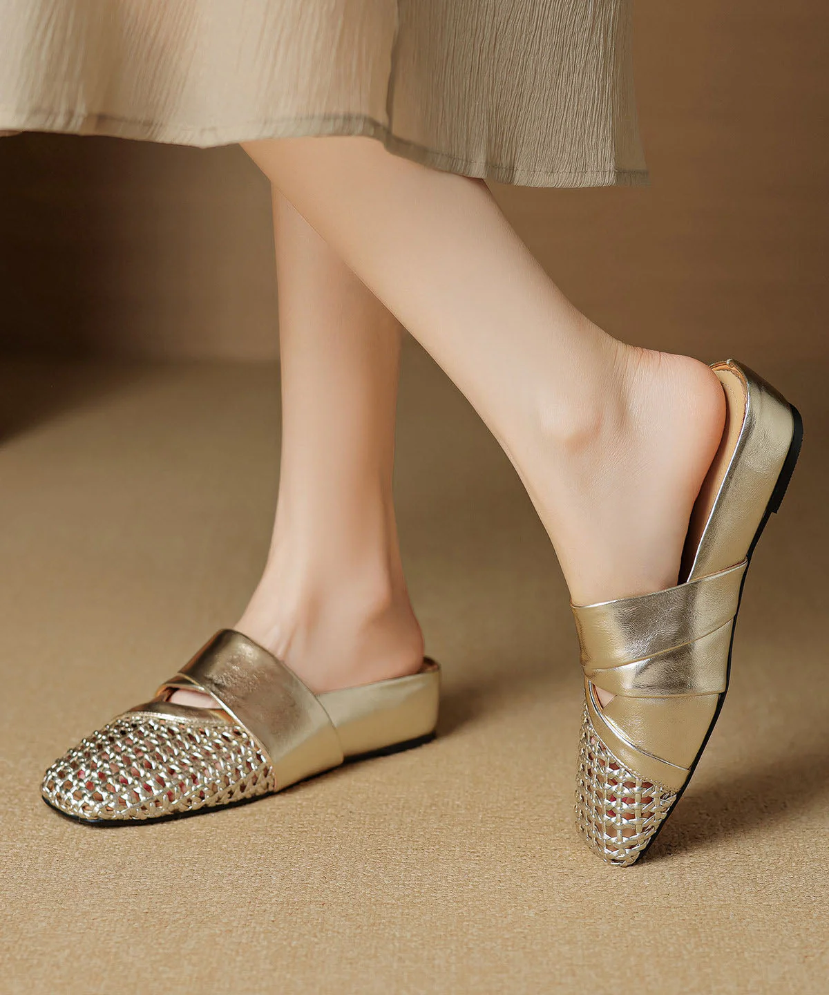 Gold Cowhide Leather Splicing Hollow Out Wedge Slide Sandals - Image 4