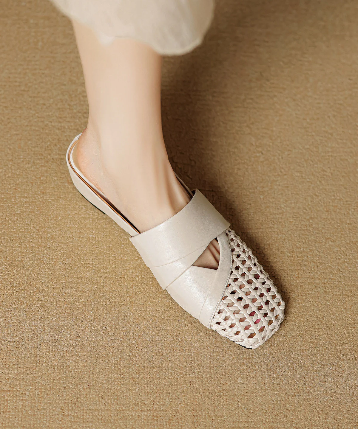 Gold Cowhide Leather Splicing Hollow Out Wedge Slide Sandals - Image 5