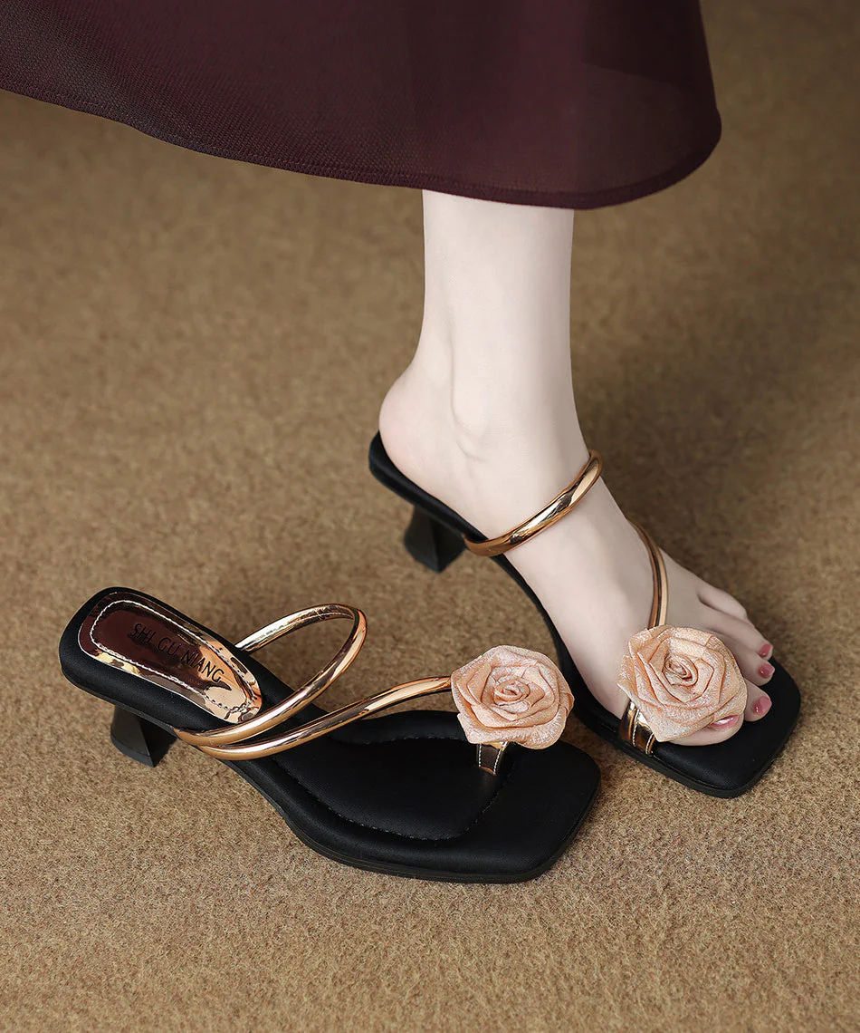 Golden Flower Faux Leather Unique Peep Toe Thong Sandals - Image 4