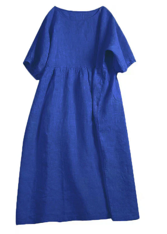 Grace Apricot Solid O-Neck Wrinkled Patchwork Linen Dress Summer - Image 4