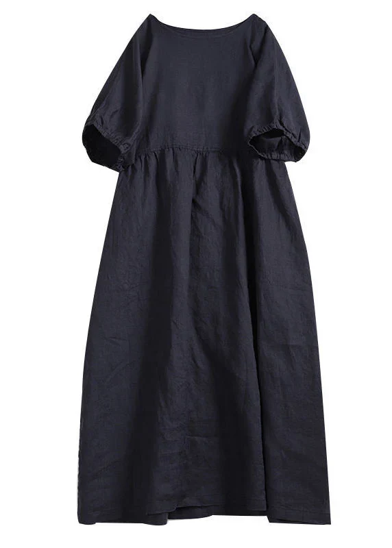 Grace Apricot Solid O-Neck Wrinkled Patchwork Linen Dress Summer - Image 5