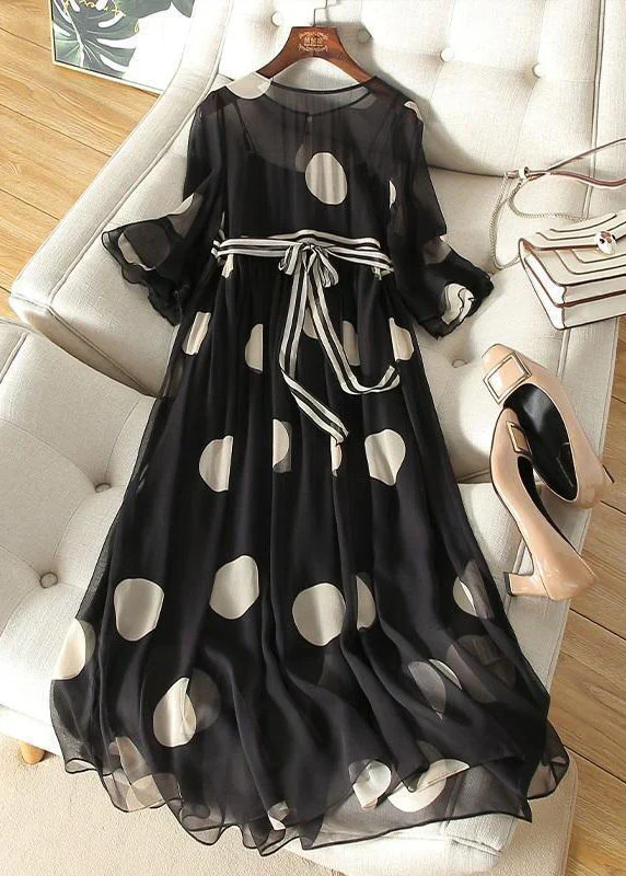 Grace Black O-Neck Tie Waist Dot Print Chiffon Long Dresses Flare Sleeve - Image 3