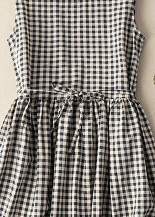 Grace Black White Plaid O-Neck Patchwork Tie Waist Maxi Dress Summer - Image 4