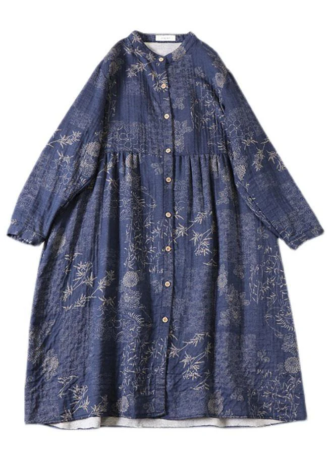 Grace Blue Button Patchwork Pockets Fall Print Long sleeve Dress - Image 3