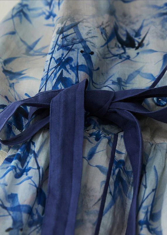 Grace Blue V Neck Tie Waist Print Linen Cinched Dress Summer - Image 3