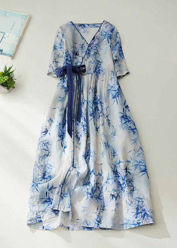 Grace Blue V Neck Tie Waist Print Linen Cinched Dress Summer - Image 4