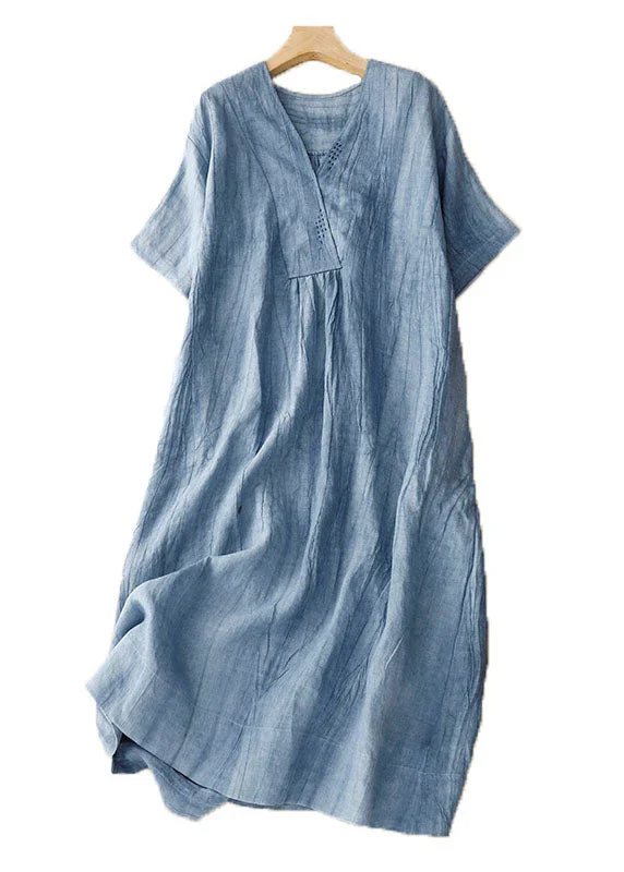 Grace Blue V Neck Wrinkled Patchwork Linen Mid Dress Summer - Image 3