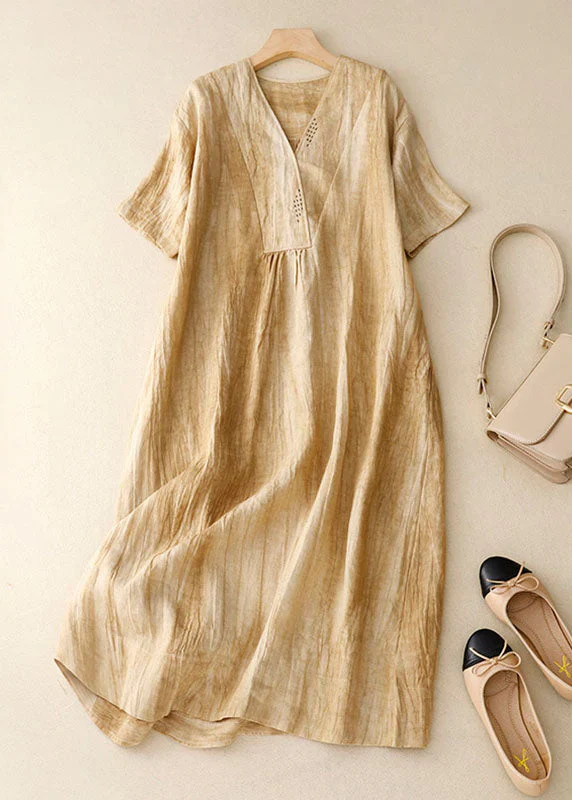 Grace Blue V Neck Wrinkled Patchwork Linen Mid Dress Summer - Image 6