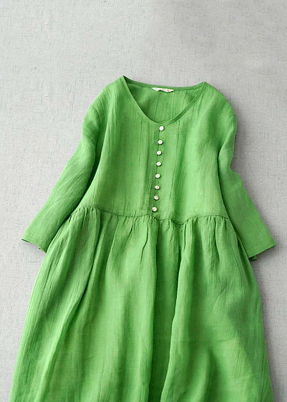Grace Green V Neck Solid Linen Long Dress Bracelet Sleeve - Image 2