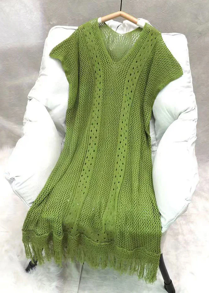 Grace Green V Neck Tasseled Hollow Out Knit Dress Summer - Image 2