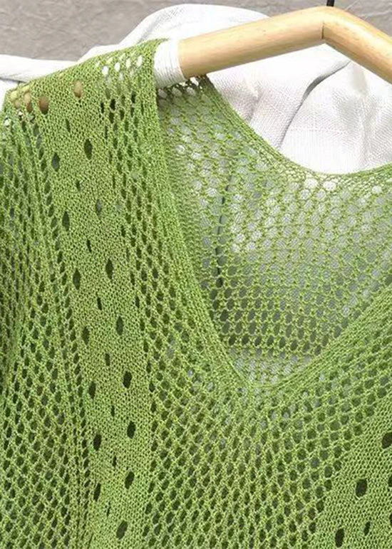 Grace Green V Neck Tasseled Hollow Out Knit Dress Summer - Image 3