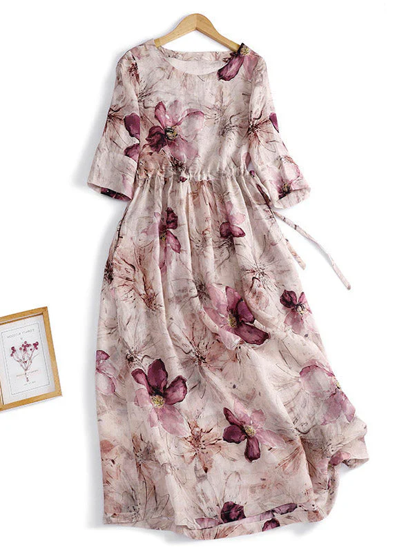 Grace O-Neck Print Wrinkled Linen Long Dress Summer - Image 2