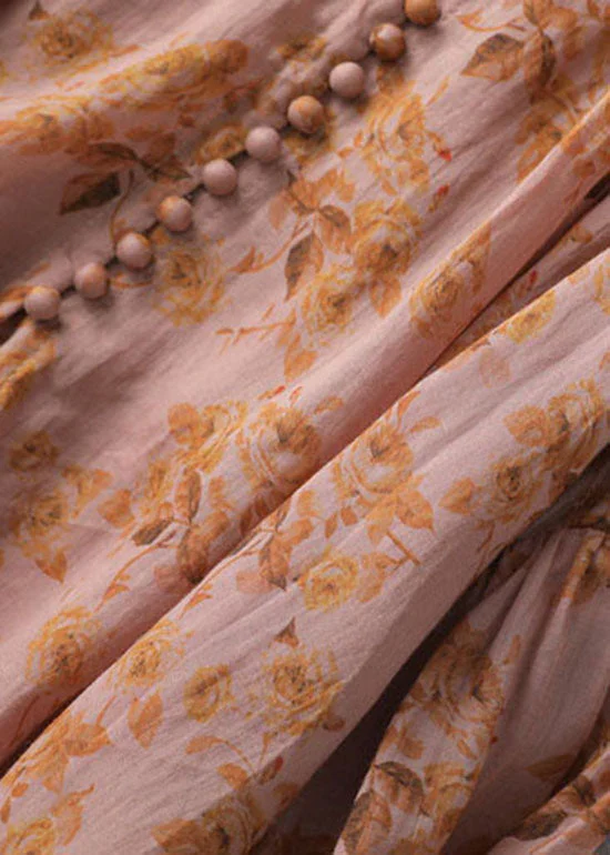 Grace Orange Print Button Patchwork Linen Long Dresses Summer - Image 4