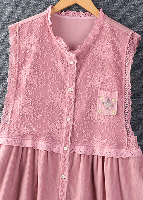 Grace Pink Ruffled Pockets Lace Patchwork Corduroy Dress Sleeveless - Image 2
