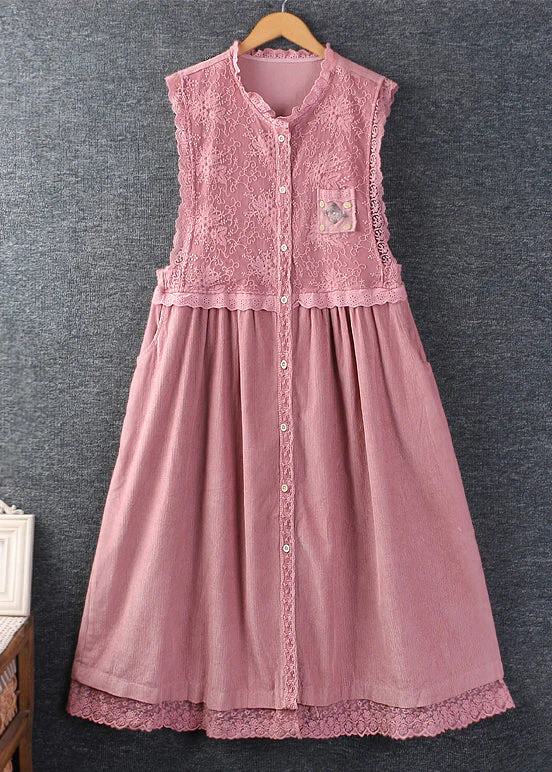 Grace Pink Ruffled Pockets Lace Patchwork Corduroy Dress Sleeveless - Image 3