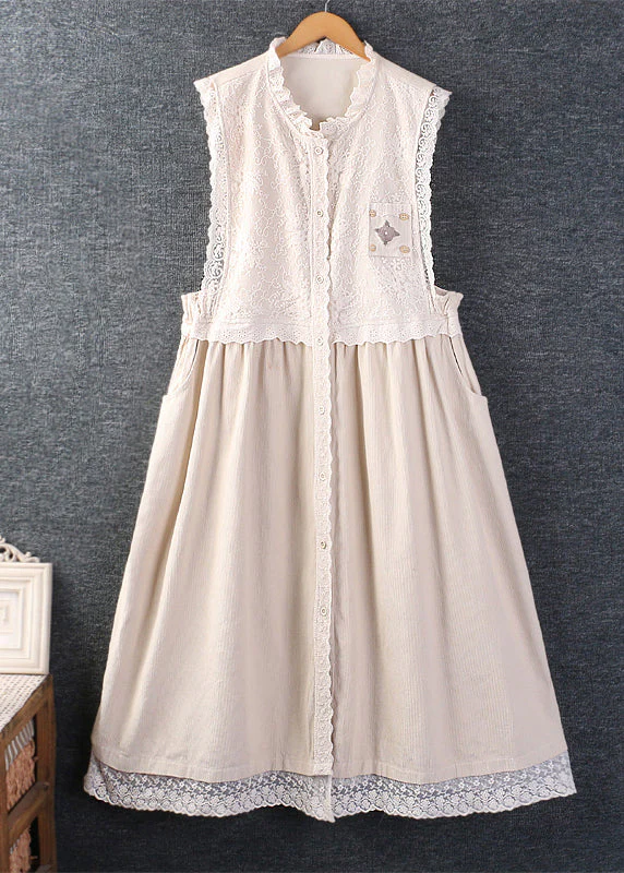 Grace Pink Ruffled Pockets Lace Patchwork Corduroy Dress Sleeveless - Image 4