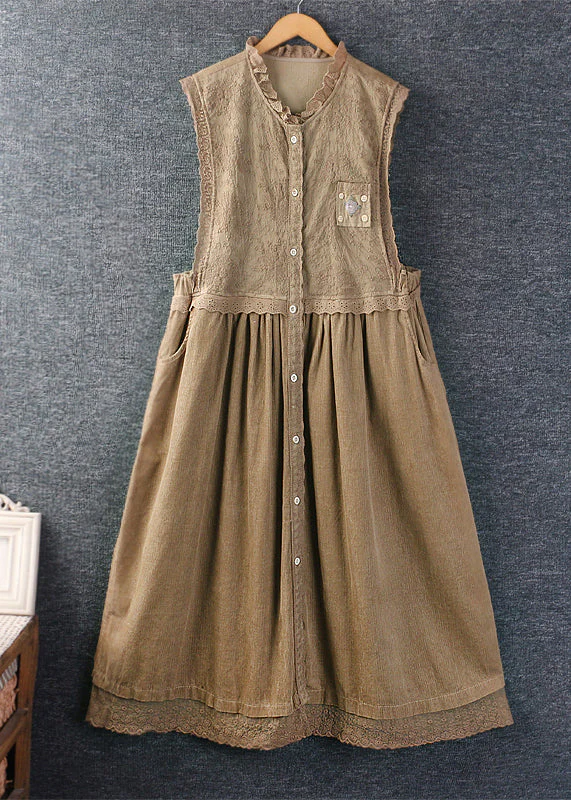 Grace Pink Ruffled Pockets Lace Patchwork Corduroy Dress Sleeveless - Image 6