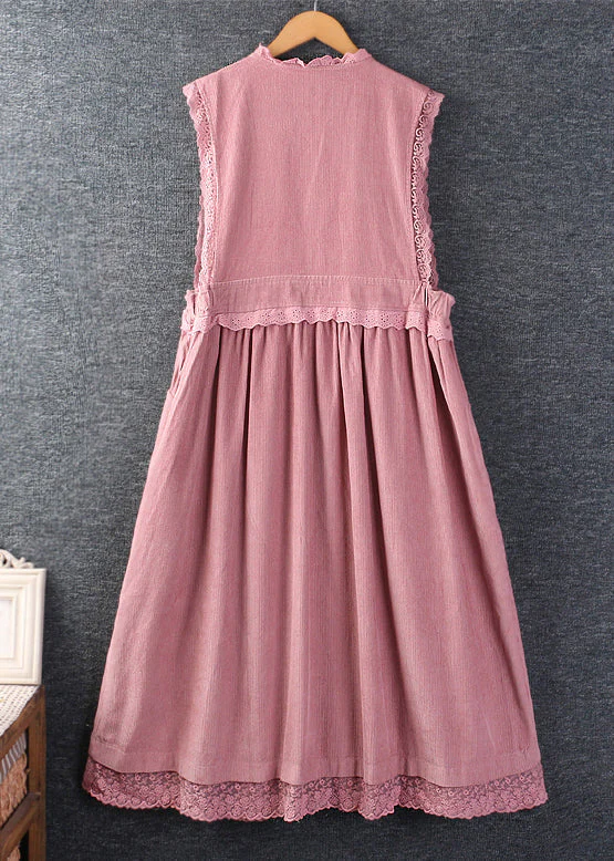 Grace Pink Ruffled Pockets Lace Patchwork Corduroy Dress Sleeveless - Image 8